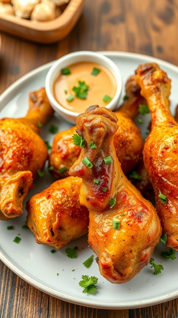 Crispy baked chicken drumsticks seasoned with spices on a plate with dipping sauce.